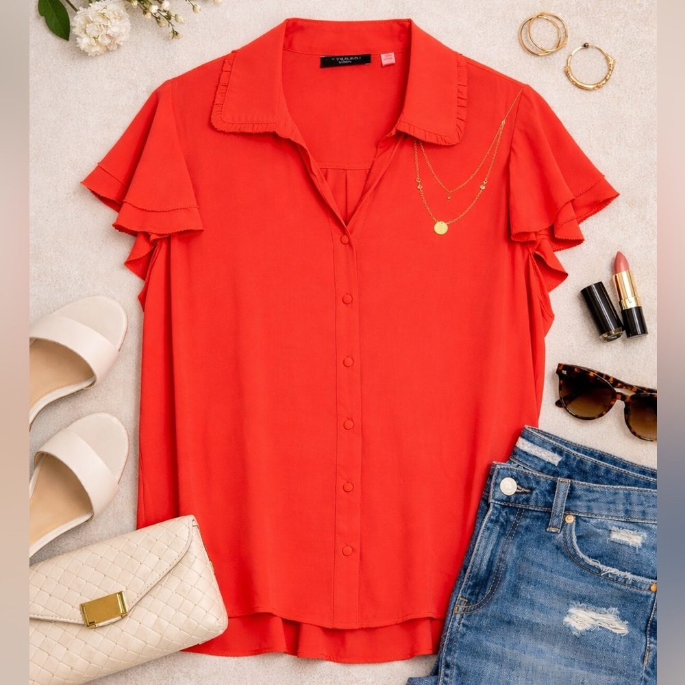 NWT T Tahari Poppy Red Flutter Sleeve Button Blouse Size 3X Plus